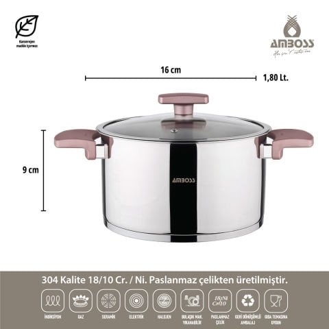 Amboss 8 Parça Enio Rose Gold Paslanmaz Çelik Isınmayan Bakalit Saplı Tencere Seti