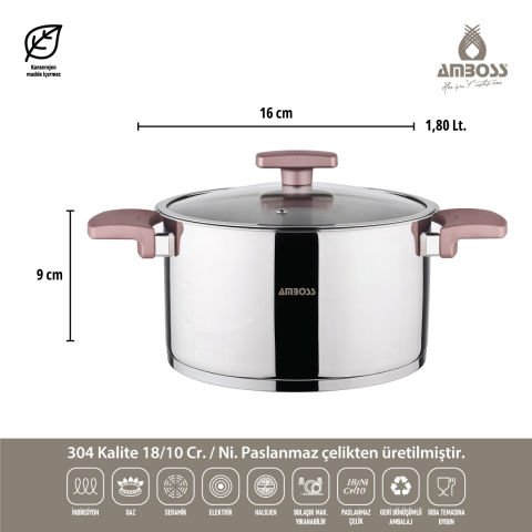Amboss 8 Parça Enio Rose Gold Paslanmaz Çelik Isınmayan Bakalit Saplı Tencere Seti