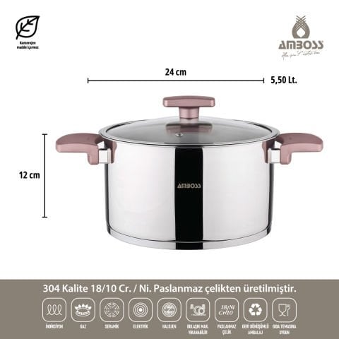 Amboss 8 Parça Enio Rose Gold Paslanmaz Çelik Isınmayan Bakalit Saplı Tencere Seti