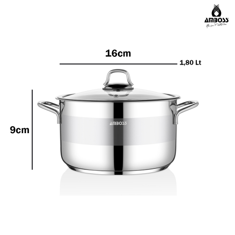 Amboss Saphire Paslanmaz Çelik 16 cm Cam Kapaklı Derin Tencere
