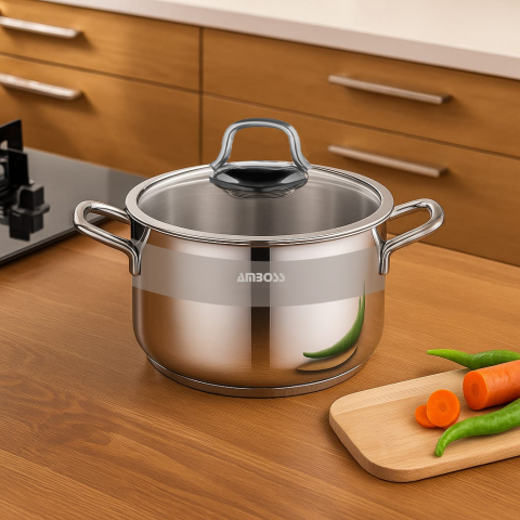 Amboss Saphire Paslanmaz Çelik 20 cm Cam Kapaklı Derin Tencere