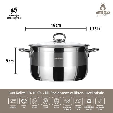 Amboss Saphire Paslanmaz Çelik Derin Tencere 16x9 cm - Çelik Kapak