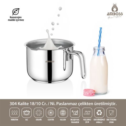 Amboss Long Derin Paslanmaz Çelik Tüm Ocaklara Uygun Tencere, Sütlük,Sosluk Cezve  - 14 cm