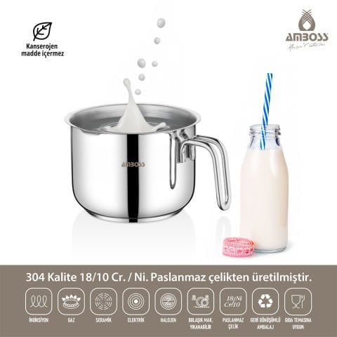 Amboss Long Derin Paslanmaz Çelik tüm Ocaklara Uygun Tencere, Sütlük, Sosluk, Cezve  - 16 cm