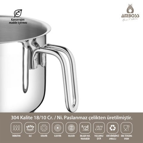 Amboss Long Derin Paslanmaz Çelik tüm Ocaklara Uygun Tencere, Sütlük, Sosluk, Cezve  - 16 cm