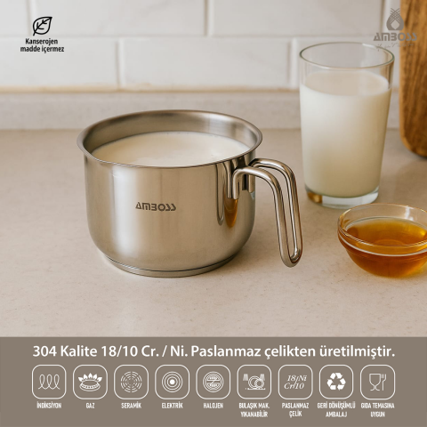 Amboss Long Derin Paslanmaz Çelik tüm Ocaklara Uygun Tencere, Sütlük, Sosluk, Cezve  - 16 cm