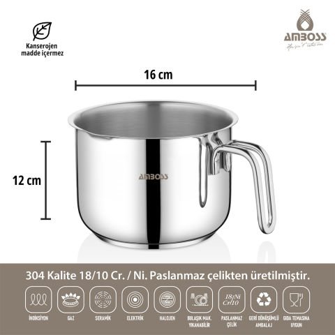 Amboss Long Derin Paslanmaz Çelik tüm Ocaklara Uygun Tencere, Sütlük, Sosluk, Cezve  - 16 cm