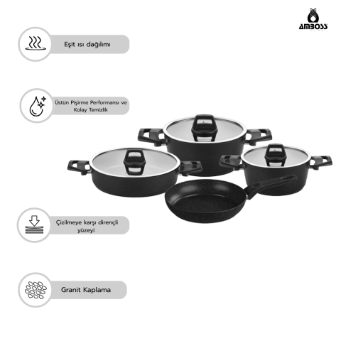 Amboss Orion 7 Parça Granit Yanmaz Yapışmaz Tencere Seti - Siyah
