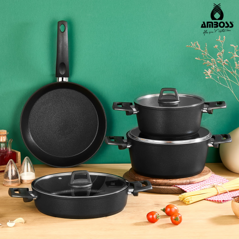 Amboss Orion 7 Parça Granit Yanmaz Yapışmaz Tencere Seti - Siyah