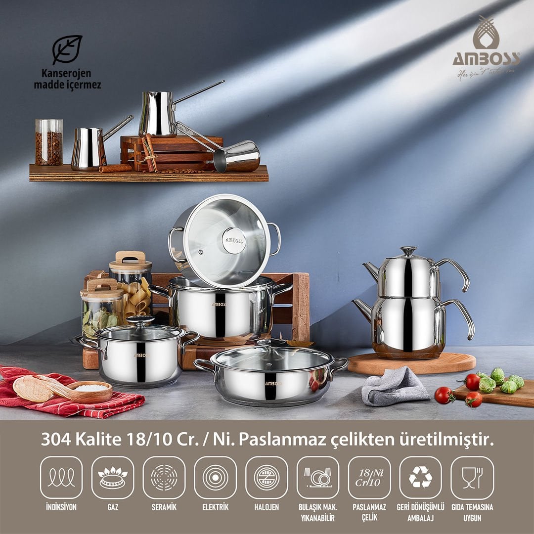 Amboss 14 Parça Cool Çeyiz Seti İndüksiyon Tabanlı Cam Kapaklı Çelik Tencere Seti