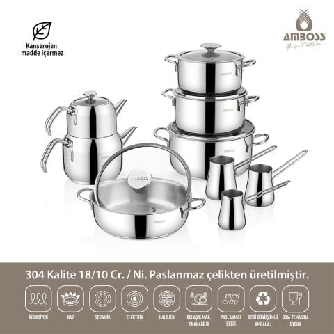 Amboss 14 Parça Cool Çeyiz Seti İndüksiyon Tabanlı Cam Kapaklı Çelik Tencere Seti
