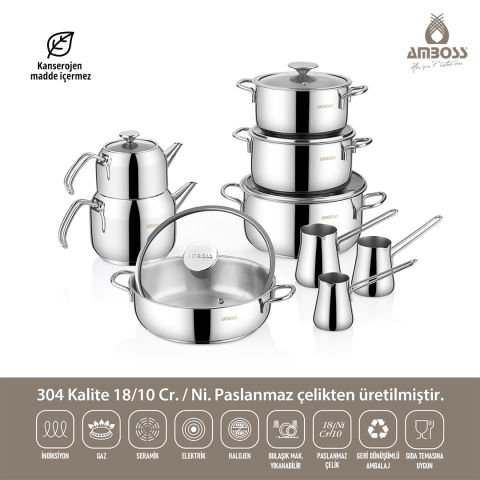 Amboss 14 Parça Cool Çeyiz Seti İndüksiyon Tabanlı Cam Kapaklı Çelik Tencere Seti