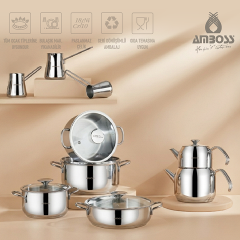 Amboss 14 Parça Cool Çeyiz Seti İndüksiyon Tabanlı Cam Kapaklı Çelik Tencere Seti