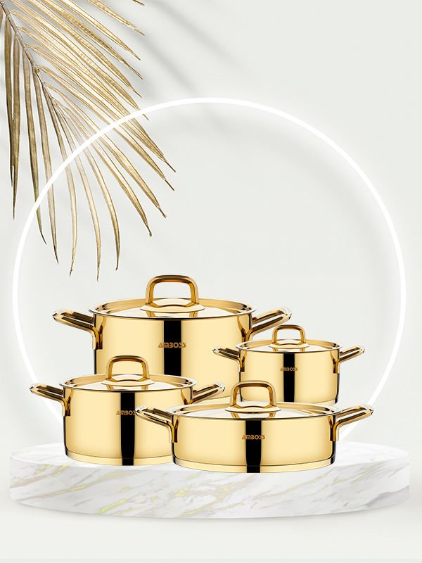 Aquamarine Çelik Kapaklı Gold Shiny 8 Parça Tencere Seti-Tencere