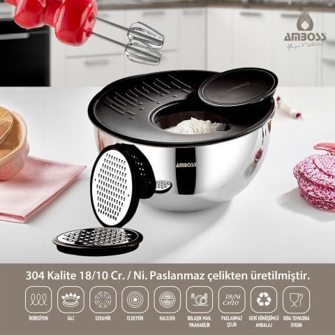 Amboss Snow 6 Parça Satin Çok Amaçlı Paslanmaz Çelik Kase  &  Döküm Yapışmaz Kek Kalıbı Seti