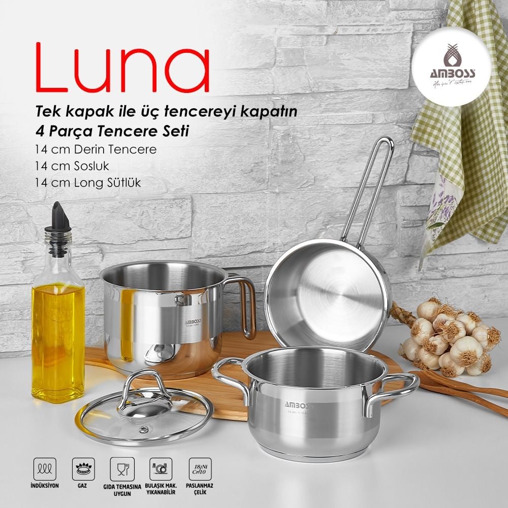 Amboss Luna 4 Parça Paslanmaz Çelik Set Cam Kapaklı Tencere Seti