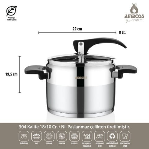 Enio Klasik Düdüklü İndüksiyon Tabanlı Paslanmaz Çelik Siyah Kulp - 8 lt.