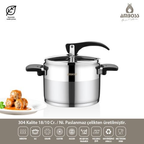 Enio Klasik Paslanmaz Çelik İndüksiyon Tabanlı Düdüklü Tencere Siyah Kulp - 6 lt.