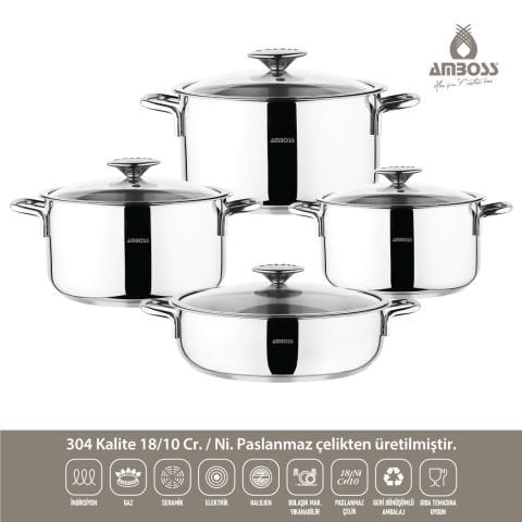 Amboss Cool 8 Parça İndüksiyon Tabanlı Paslanmaz Çelik Tencere Seti Cam Kapaklı
