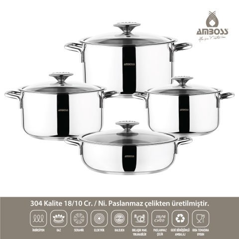 Amboss Cool 8 Parça İndüksiyon Tabanlı Paslanmaz Çelik Tencere Seti Cam Kapaklı