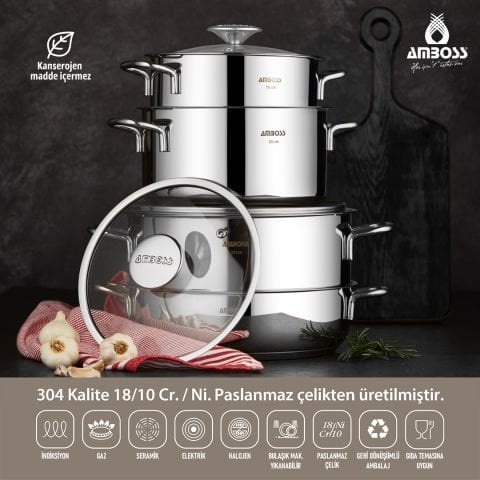 Amboss Cool 8 Parça İndüksiyon Tabanlı Paslanmaz Çelik Tencere Seti Cam Kapaklı