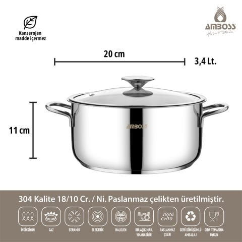 Amboss Cool 8 Parça İndüksiyon Tabanlı Paslanmaz Çelik Tencere Seti Cam Kapaklı
