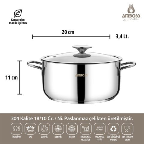Amboss Cool 8 Parça İndüksiyon Tabanlı Paslanmaz Çelik Tencere Seti Cam Kapaklı