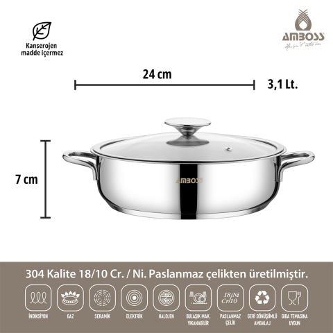 Amboss Cool 8 Parça İndüksiyon Tabanlı Paslanmaz Çelik Tencere Seti Cam Kapaklı