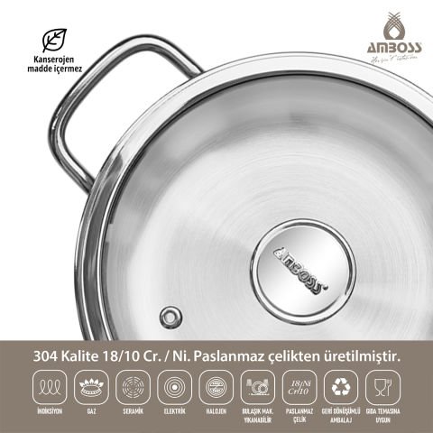 Amboss Cool 8 Parça İndüksiyon Tabanlı Paslanmaz Çelik Tencere Seti Cam Kapaklı