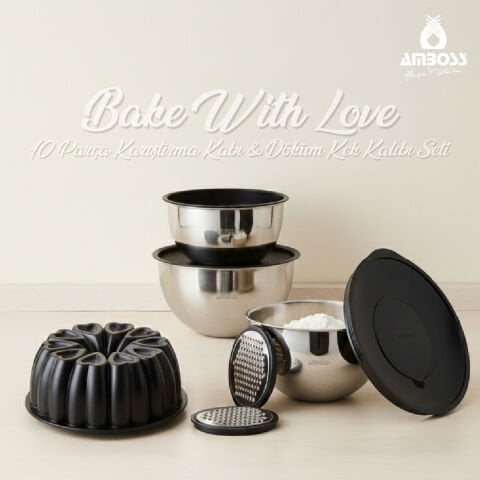 Amboss 10  Parça Paslanmaz Çelik Çok Amaçlı Kase Seti ve Döküm Yanmaz Yapışmaz Siyah Kek Kalıbı