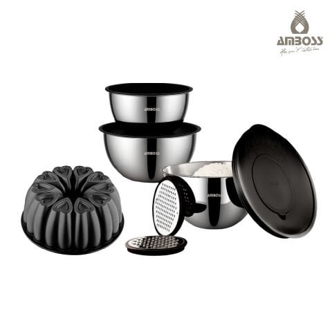 Amboss 10  Parça Paslanmaz Çelik Çok Amaçlı Kase Seti ve Döküm Yanmaz Yapışmaz Siyah Kek Kalıbı