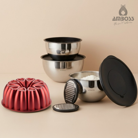 Amboss Bake with Love 10 Parça Karıştırma Kabı & Döküm Kek Kalıbı – Kırmızı