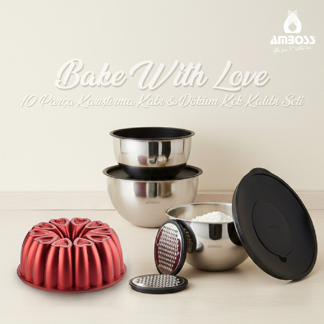 Amboss Bake with Love 10 Parça Karıştırma Kabı & Döküm Kek Kalıbı – Kırmızı
