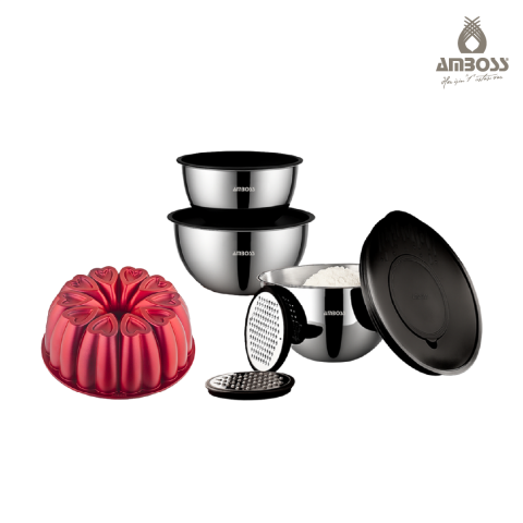 Amboss Bake with Love 10 Parça Karıştırma Kabı & Döküm Kek Kalıbı – Kırmızı
