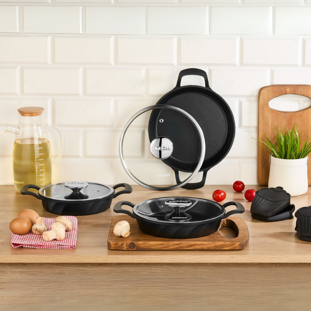 Amboss Kuvars Cam Kapaklı 6 Parça Titanyum Kaplama Döküm Sahan Seti