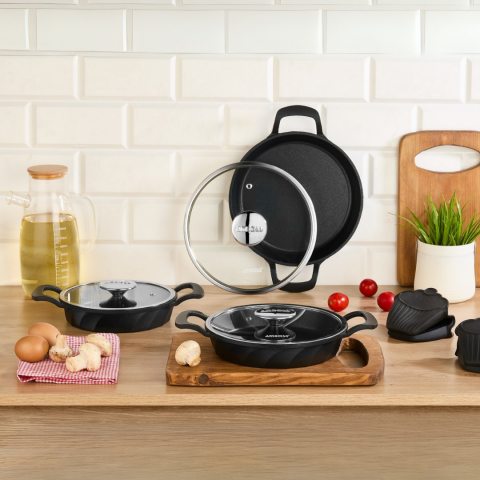 Amboss Kuvars Cam Kapaklı 6 Parça Titanyum Kaplama Döküm Sahan Seti