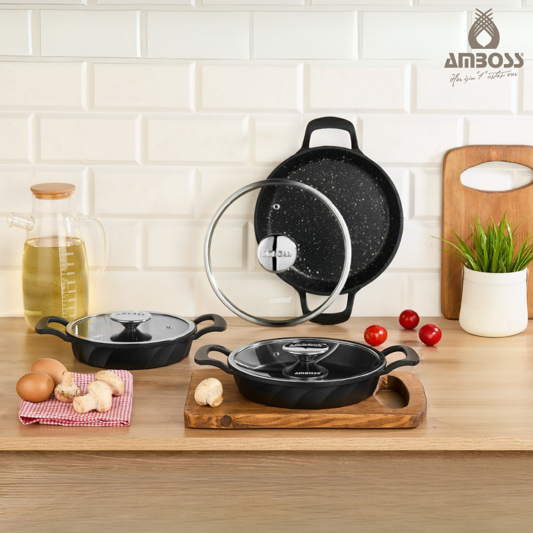 Amboss Kuvars Cam Kapaklı 6 Parça Döküm Sahan Seti