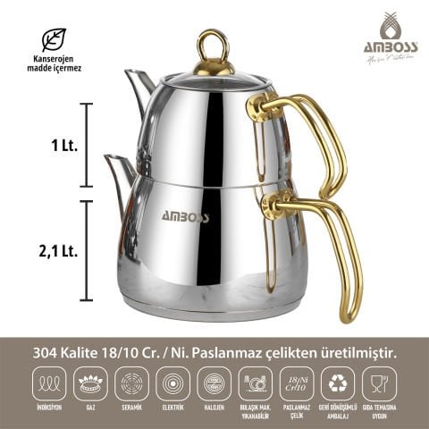 Amboss Aquamarine Special Gold Kulplu Paslanmaz Çelik Çaydanlık