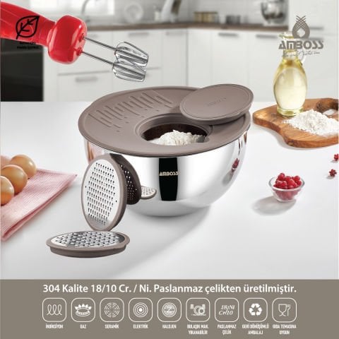 Amboss Satin Gri 5 Parça Paslanmaz Çelik Çok Amaçlı Karıştırma Kase ve Rende Seti