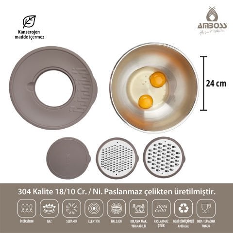 Amboss Satin Gri 5 Parça Paslanmaz Çelik Çok Amaçlı Karıştırma Kase ve Rende Seti