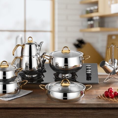 Sirius Gold Saplı İndüksiyon Tabanlı Paslanmaz Çelik 16 Parça Çeyiz Tencere Seti