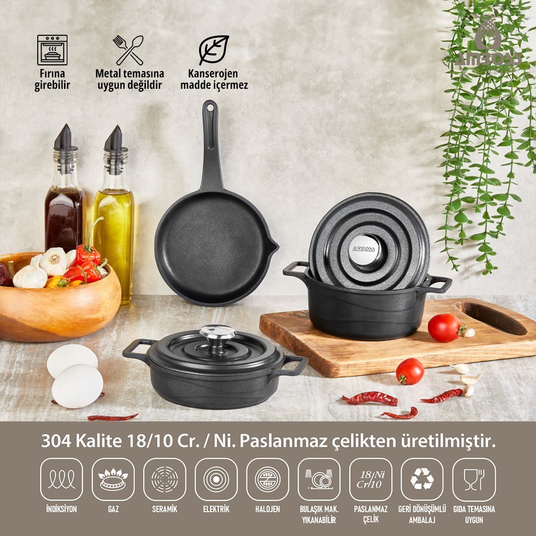 Amboss Bellus Midi 5 Parça Döküm Tencere Seti - Siyah