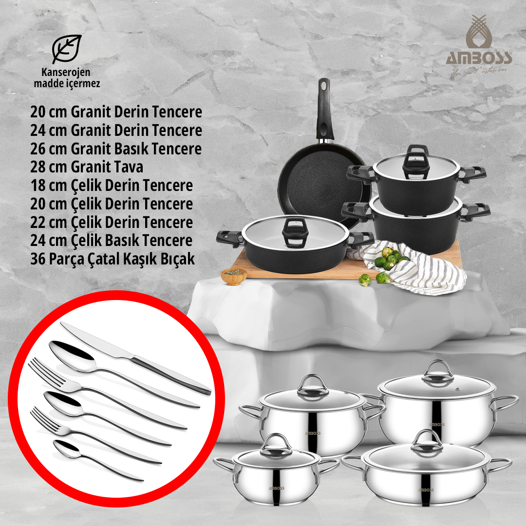 Amboss 51 Parça İdeal Paslanmaz Çelik ve Yanmaz Yapışmaz Granit Tencere Çeyiz Seti