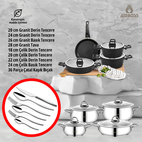 Amboss 51 Parça İdeal Paslanmaz Çelik ve Yanmaz Yapışmaz Granit Tencere Çeyiz Seti