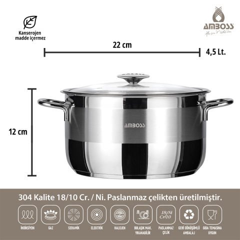 Amboss Power 8 Parça Paslanmaz Çelik, İndüksiyon Tabanlı ve Granit Ezme Yanmaz Yapışmaz Titanyum Kaplama Silikon Kulplu Cam Kapaklı Tencere, Tava Seti