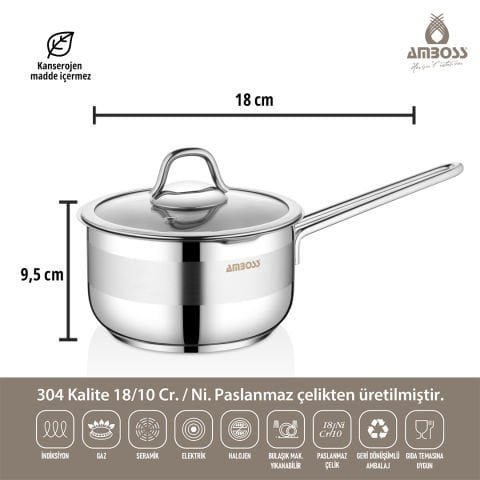 Cool Paslanmaz Çelik İndüksiyon Tabanlı Sütlük, Sosluk - 18 cm Cam Kapaklı