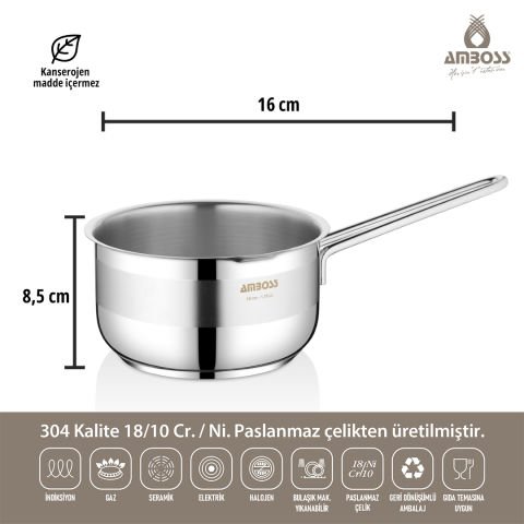 Amboss Cool Paslanmaz Çelik İndüksiyon Tabanlı Sütlük, Sosluk - 16 cm