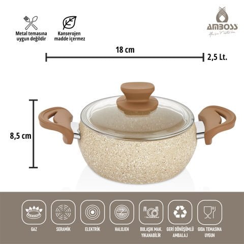 Amboss Fatso 6 Parça Tombik Granit Tencere Seti - Silikon Kulplar - Cappucıno