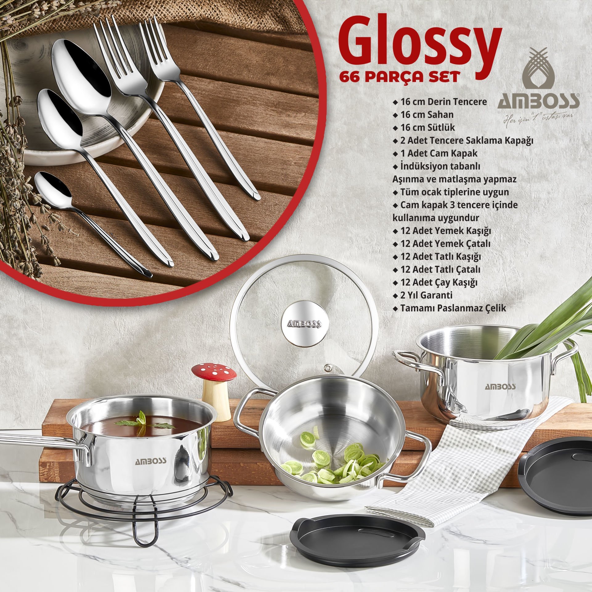 Amboss Glossy 66 Parça Paslanmaz Çelik Kapaklı İndüksiyon Tabanlı Midi Tencere Seti ve 60 Parça Paslanmaz Çelik Çatal Kaşık Bıçak Seti