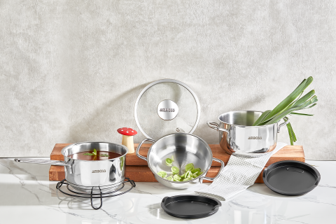 Amboss Glossy 66 Parça Paslanmaz Çelik Kapaklı İndüksiyon Tabanlı Midi Tencere Seti ve 60 Parça Paslanmaz Çelik Çatal Kaşık Bıçak Seti